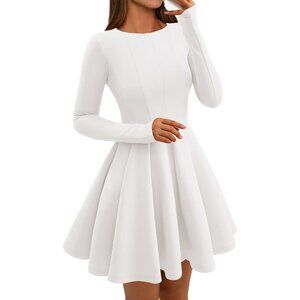 Women White High Waist Pleated Flowy A Line Long Sleeve Casual Fall Dress